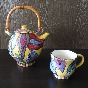 Vintage Signed Studio Art Pottery Colorful Hand Painted Teapot & Cup Set